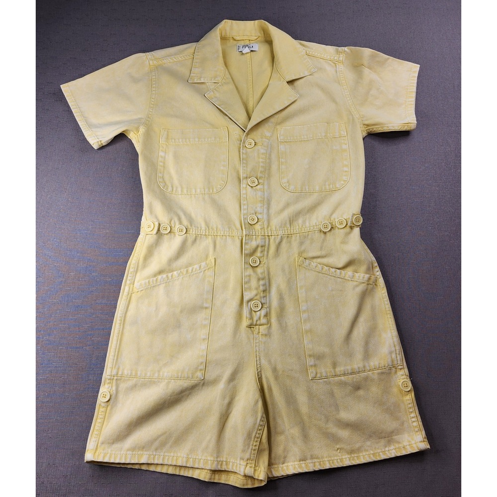 Pistola Yellow Denim Romper Womens Small Acid Wash Utility Button Front Playsuit